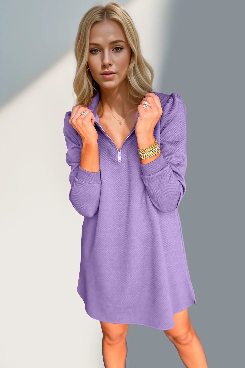 Double Take Textured Quarter Zip Long Sleeve Dress - Love Salve